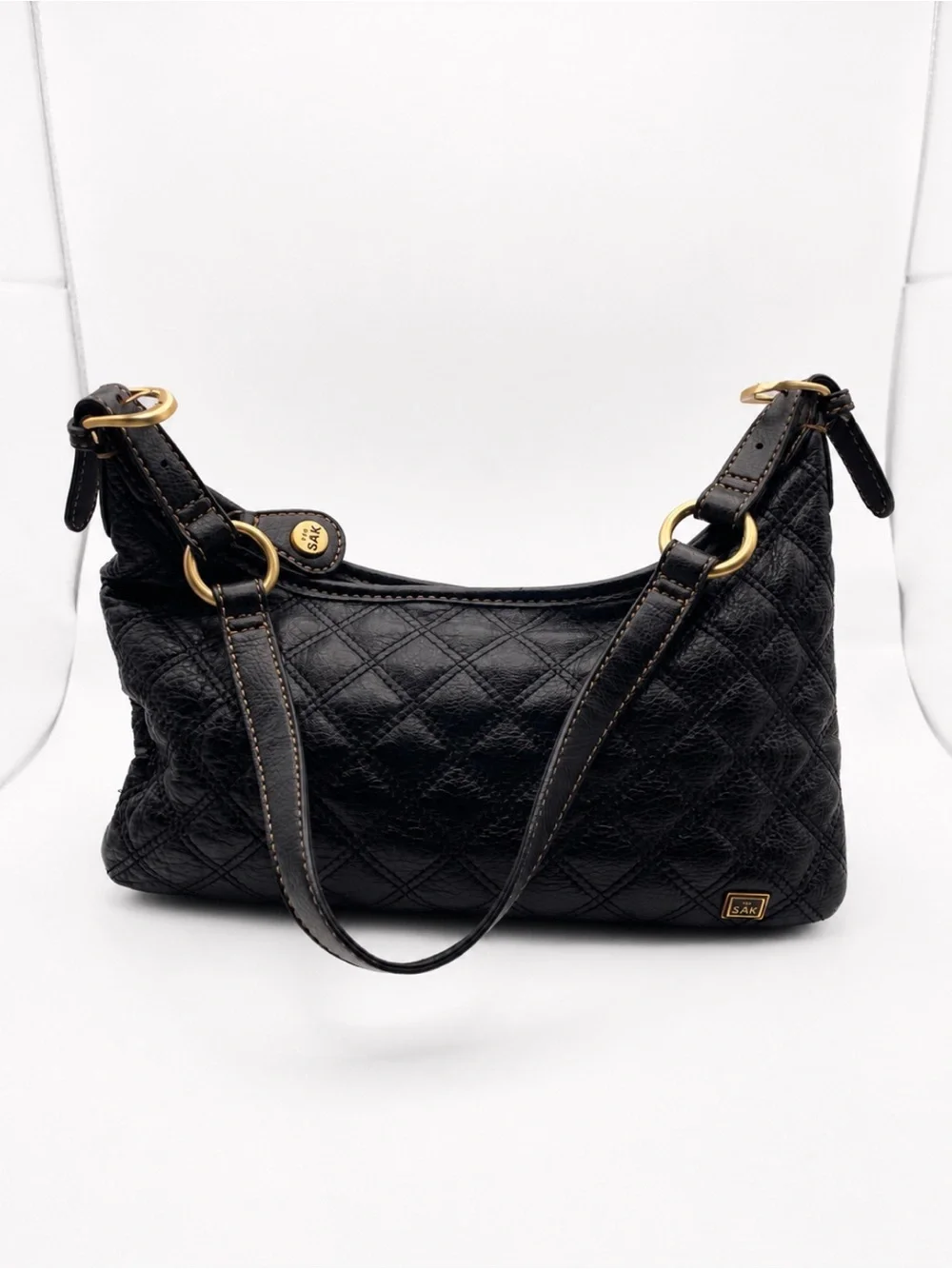 Vintage Y2K The Sak Black Quilted Leather Hobo Shoulder Bag Charm